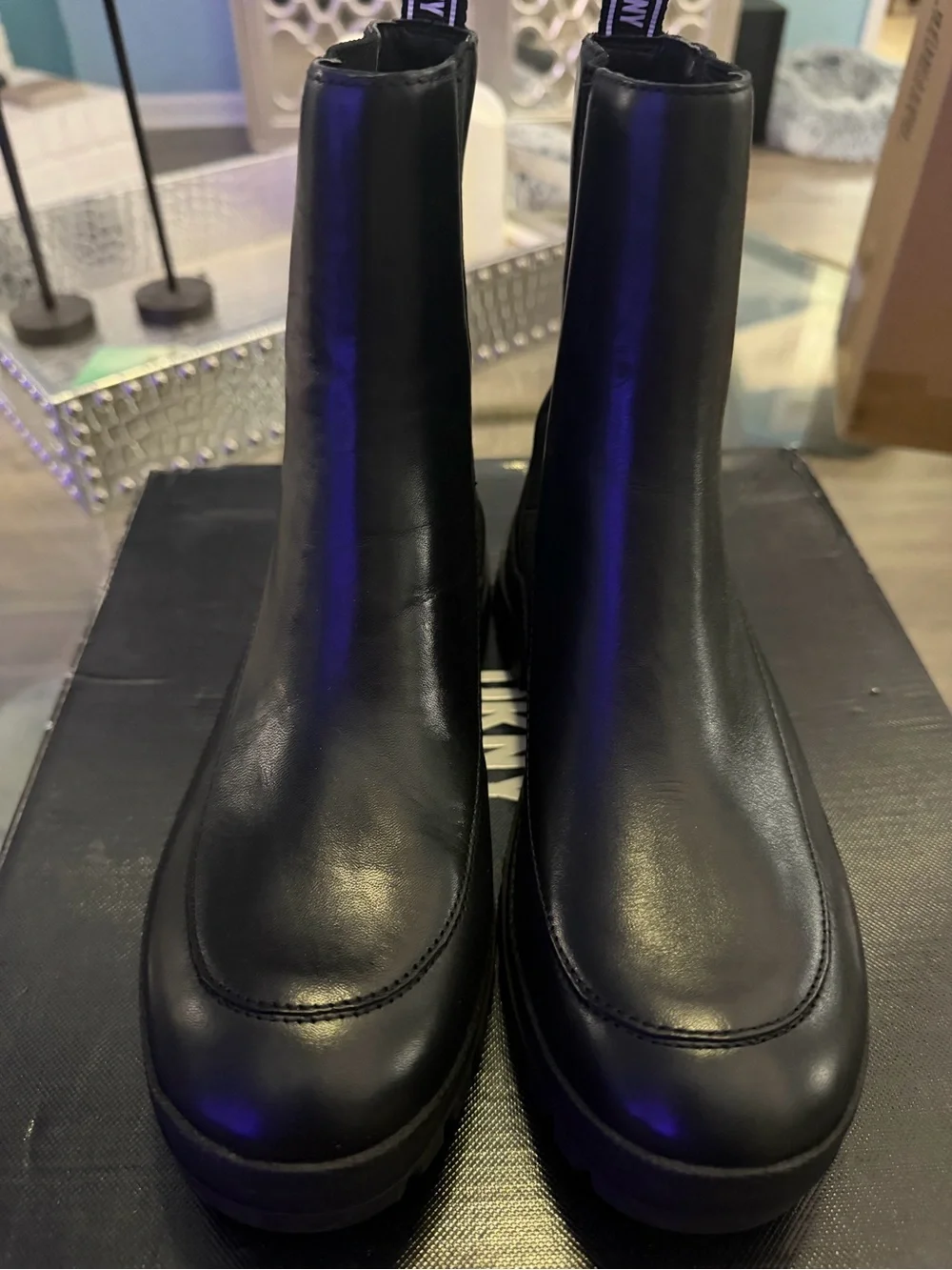 DKNY Black Leather Chelsea Lug Boots